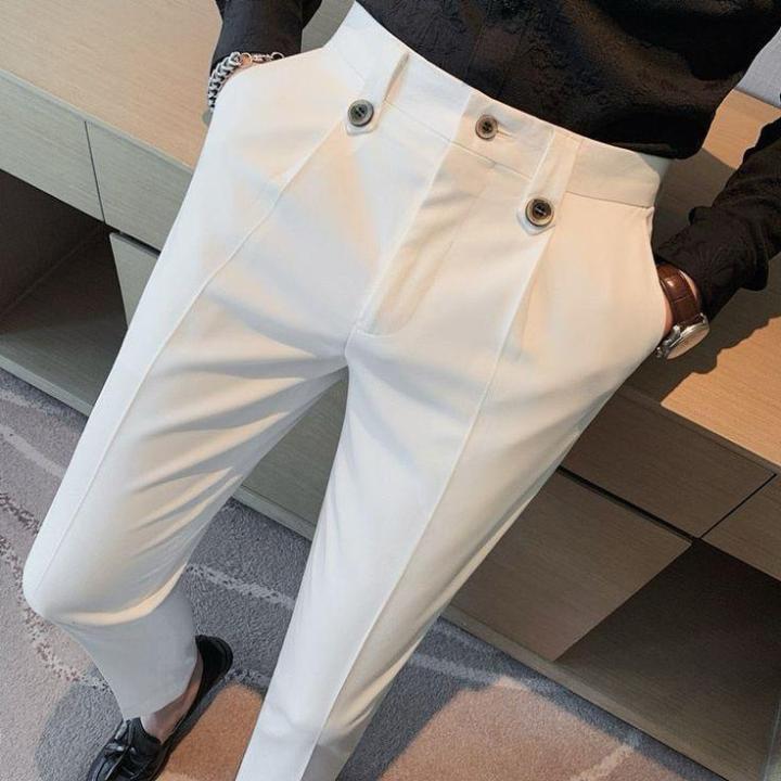 Premium Ivory White Gurkha Pants — Double Button High-Waist Modern Slim Fit Pant