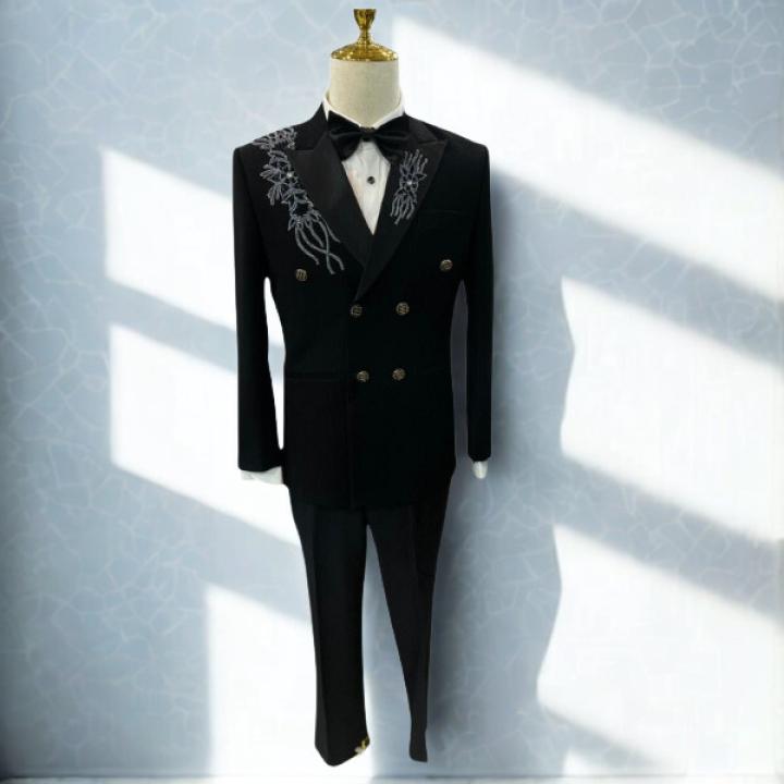 Men’s Luxury Black Zardozi Details Tuxedo Blazer – Slim Fit Double-Breasted Tuxedo with Pant