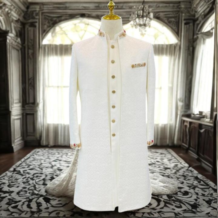 Men’s Royal Ivory White Dubble Part Sherwani with Zardozi work Details
