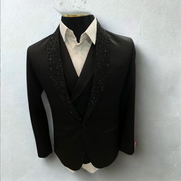Men’s Black Zardozi Work Tuxedo Blazer – Modern Fit Luxury Formal Suit Jacket