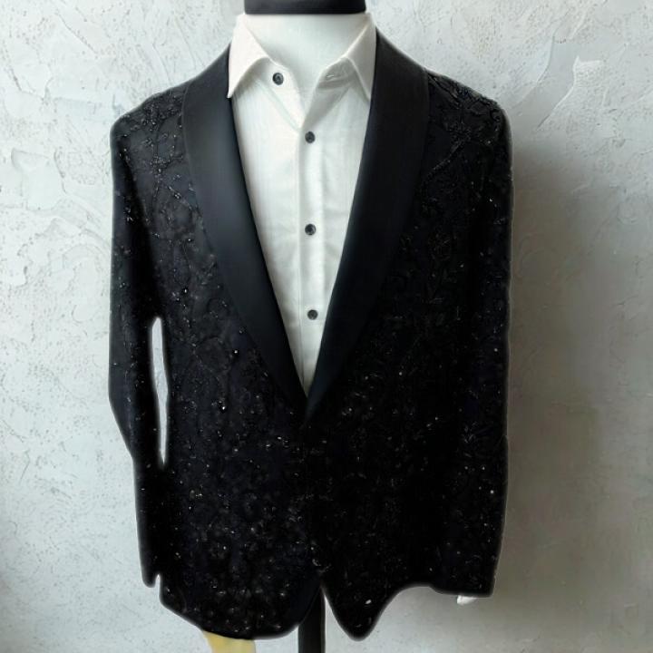 Luxury Black Textured Men’s Blazer with Satin Shawl Lape