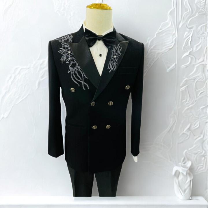 Men’s Luxury Black Zardozi Details Tuxedo Blazer – Slim Fit Double-Breasted Tuxedo with Pant