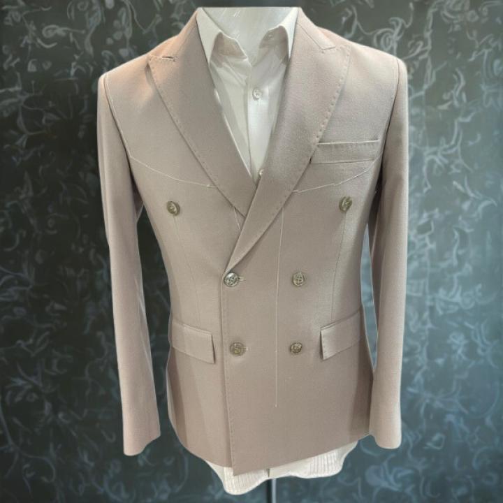 Men’s Premium Beige Double-Breasted Blazer – Slim Fit Formal Suit Jacket with Pant