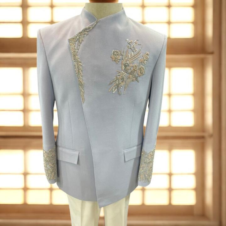 Men’s Luxury Sky Blue Nehru Coat Set with Zardozi work– Modern Fit