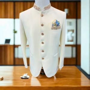 Men’s Premium White Nehru Jacket – Slim Fit Zardozi Bandhgala Blazer
