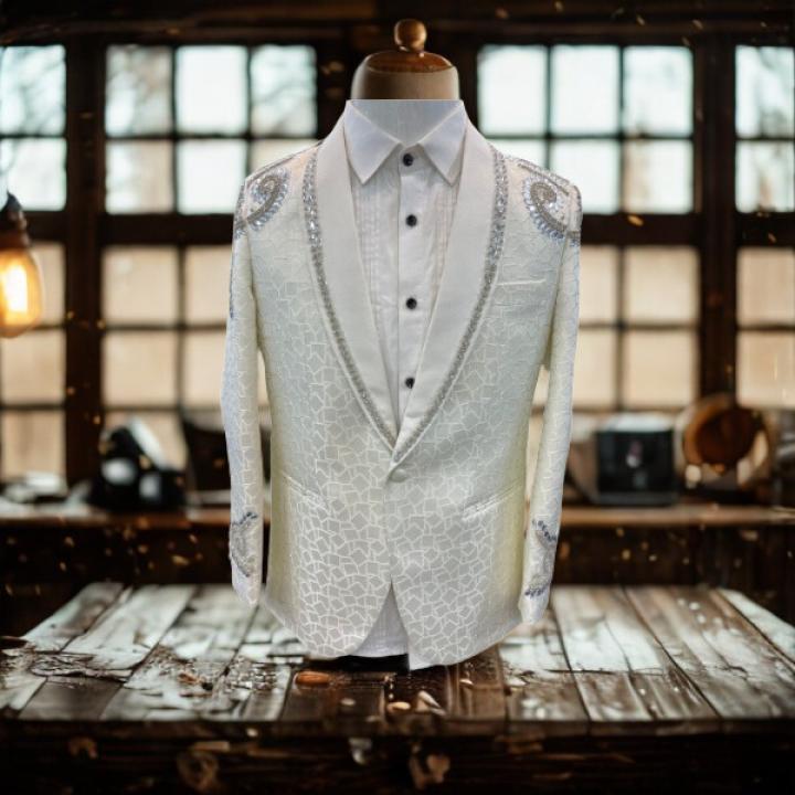 Men’s Luxury White Zardoji Blazer – Slim Fit Designer Suit Jacket