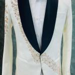 Men’s Ivory White Embroidered Bespoke Tuxedo Blazer with Black Shawl Lapel