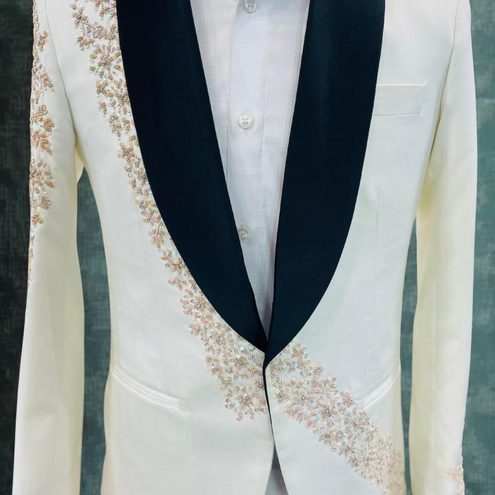 Men’s Ivory White Embroidered Bespoke Tuxedo Blazer with Black Shawl Lapel