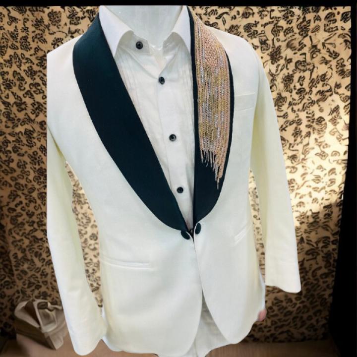 Luxury White Men’s Blazer with Black Shawl Lapel & Decorative Zardoji Detail