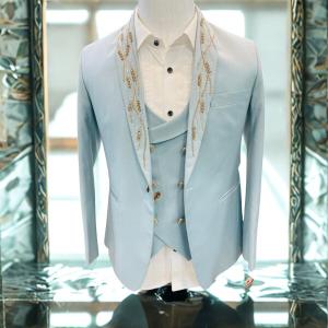 Premium Ice Blue Zardoji Work Men’s 3-Piece Suit – Slim Fit Blazer, Waistcoat & Shirt Style Look