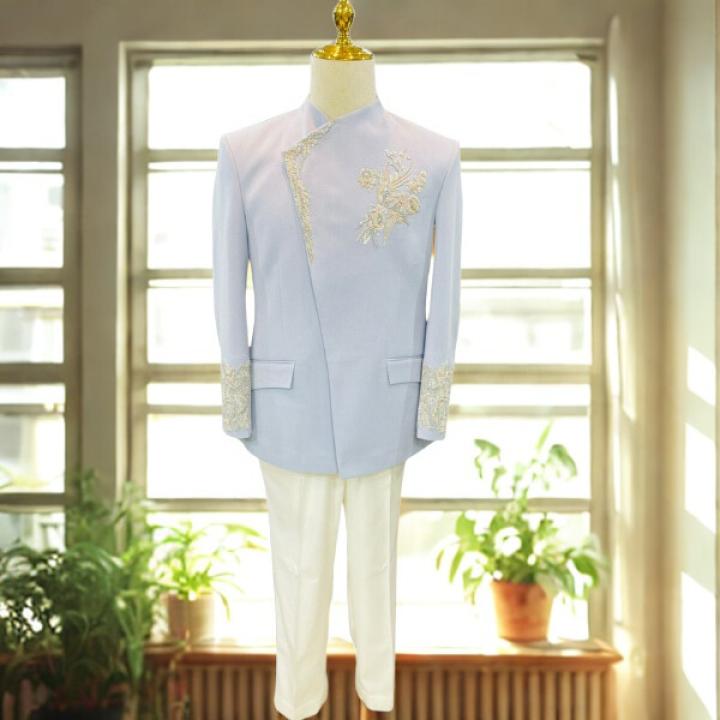 Men’s Luxury Sky Blue Nehru Coat Set with Zardozi work– Modern Fit