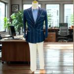 Men’s Modern Fit Navy Blue Blazer with Contrast Stitch Detailing Bespoke suit with white Pant