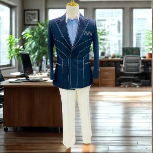 Men’s Modern Fit Navy Blue Blazer with Contrast Stitch Detailing Bespoke suit with white Pant