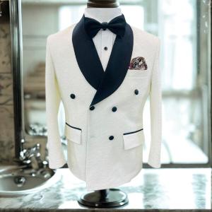 Men’s White Jacquard Tuxedo Blazer – Modern Fit Double-Breasted Formal Tuxedo Jacket