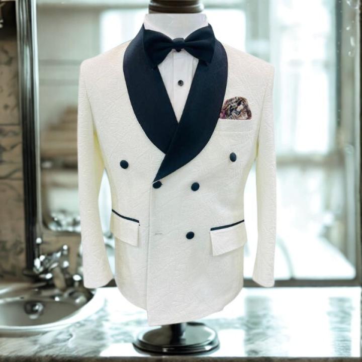 Men’s White Jacquard Tuxedo Blazer – Modern Fit Double-Breasted Formal Tuxedo Jacket