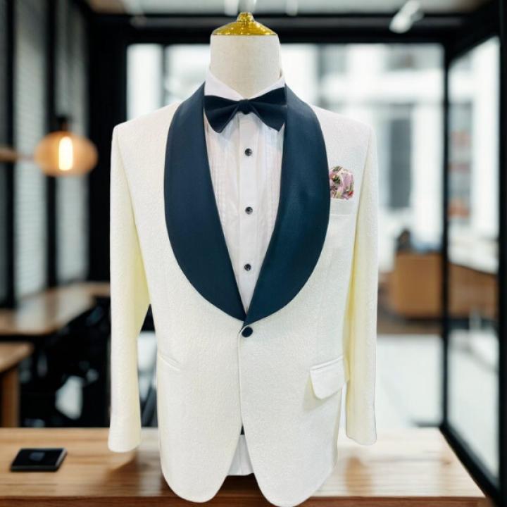 Men’s Classic White Tuxedo Blazer with Black Shawl Lapel – Slim Fit With Pant