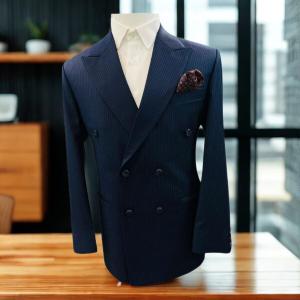 Men’s Navy Blue Double-Breasted Pinstripe Blazer – Modern Fit Business & Formal Suit Jacket