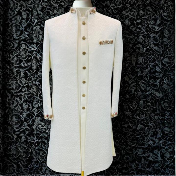 Men’s Royal Ivory White Dubble Part Sherwani with Zardozi work Details