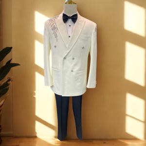 Men’s Premium White Double-Breasted Suit with Zardozi Detail and black pant – Slim Fit