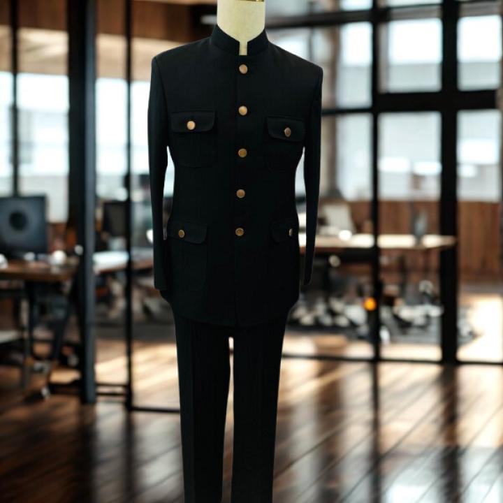 Men’s Classic Black Nehru Safari Suit – Slim Fit Bandhgala Formal Wear with Pant