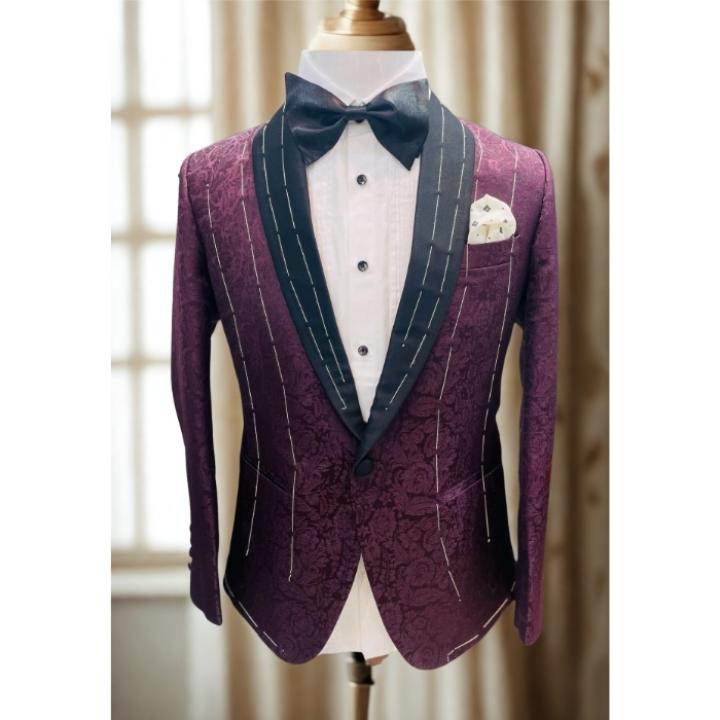 Men’s Burgundy Jacquard Tuxedo Blazer with Black Shawl Lapel