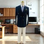 Men’s Navy Blue Double-Breasted Blazer With White Pant– Modern Tailored Fit