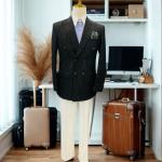 Men’s Black Pinstripe Double-Breasted Blazer – Modern Fit with White Pant