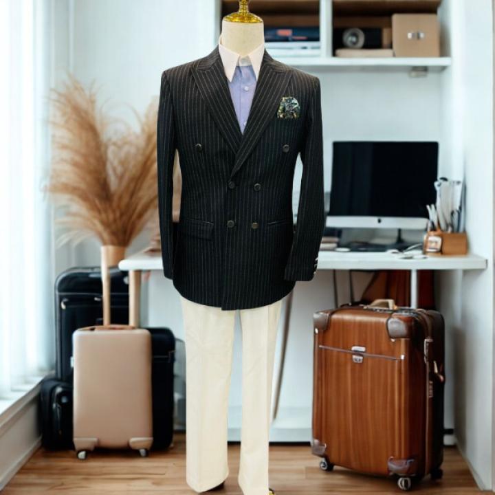 Men’s Black Pinstripe Double-Breasted Blazer – Modern Fit with White Pant
