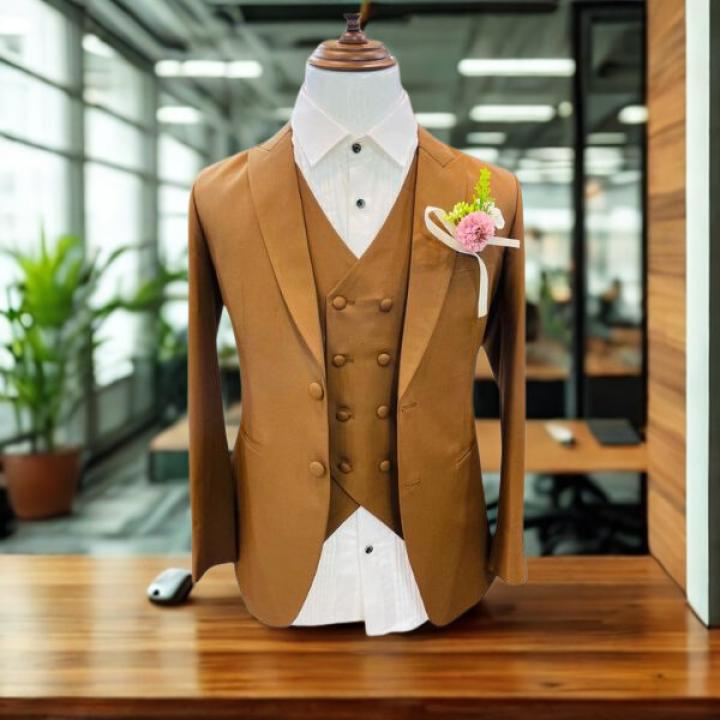Men’s Brown Three-Piece Suit – Modern Fit Double-Breasted Blazer Set