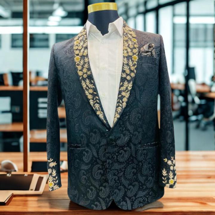Men’s Luxury Zardozi Jacquard Blazer – Modern Fit Statement Suit Jacket